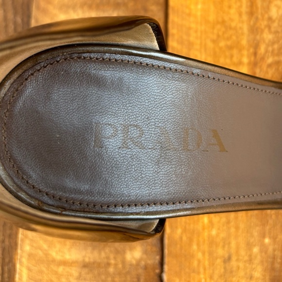 Prada Vero Cuoio Patent Brown Bronze Open Toe High Heels - Picture 12 of 16